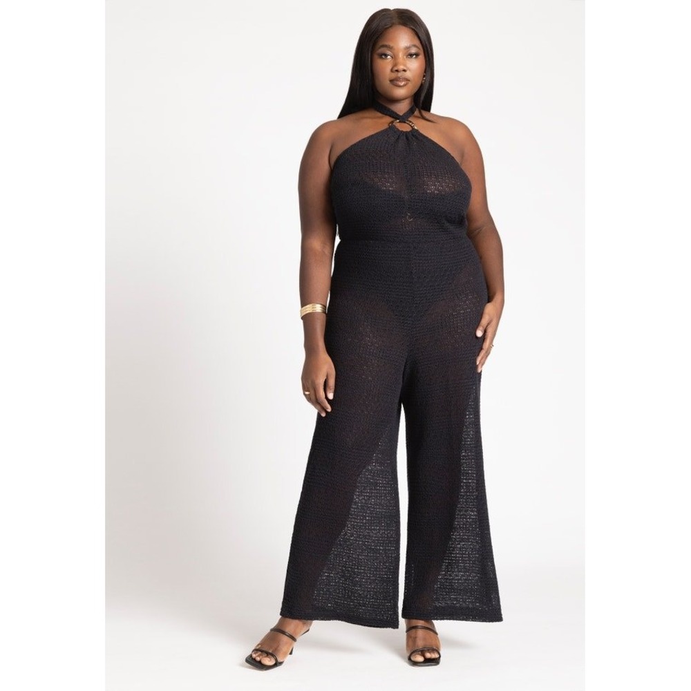 ELOQUII NWT‎ Black Knit Halter Wide Leg Jumpsuit Cover Up Plus Size 14/16